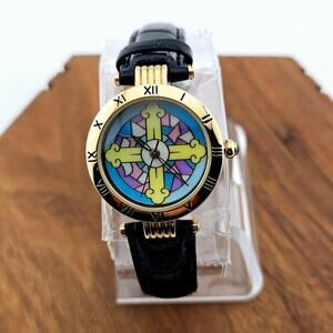 Stain Glasses Motif Dial Wrist Watch Black Band Gold Bezel Artsy Colorful Spring
